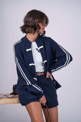 Gilet boutons en bois&rayures manches marine