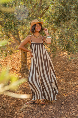 Robe longue rayée écru&chocolat