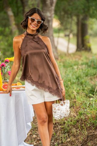 Top asymétrique satin&dentelle chocolat
