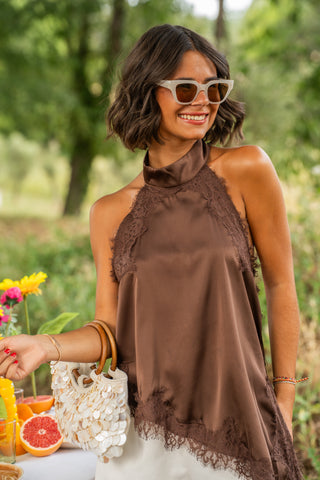 Top asymétrique satin&dentelle chocolat