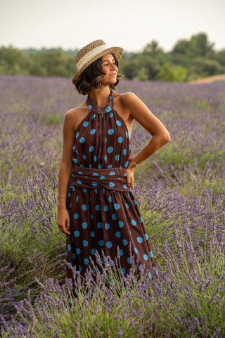 Robe chocolat à pois bleu