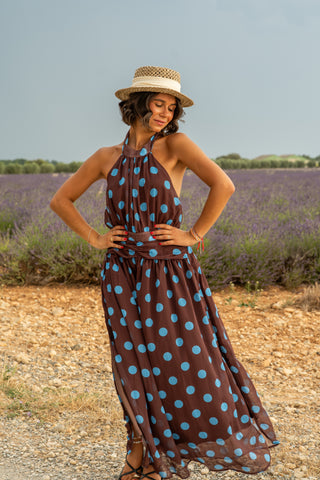 Robe chocolat à pois bleu
