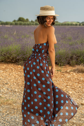 Robe chocolat à pois bleu