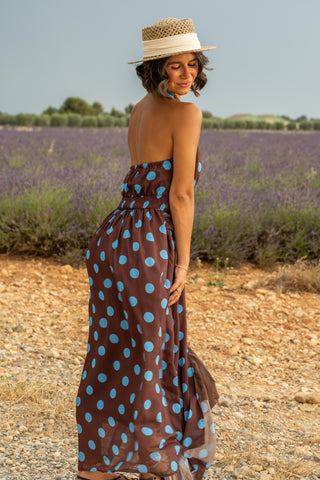 Robe chocolat à pois bleu