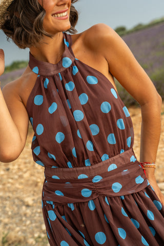 Robe chocolat à pois bleu