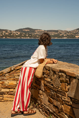 Pantalon rayé rouge coupe ballon