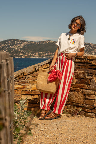 Pantalon rayé rouge coupe ballon