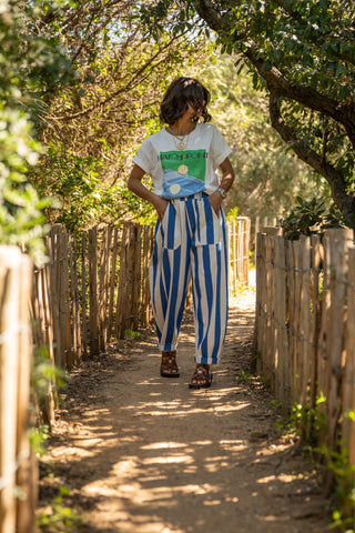 Pantalon rayé bleu coupe ballon