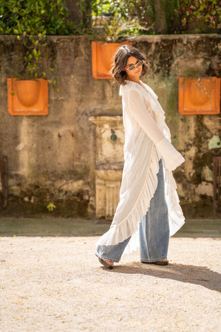 Robe kimono transparent à volants