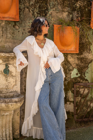 Robe kimono transparent à volants