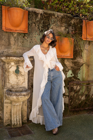 Robe kimono transparent à volants