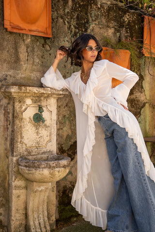 Robe kimono transparent à volants