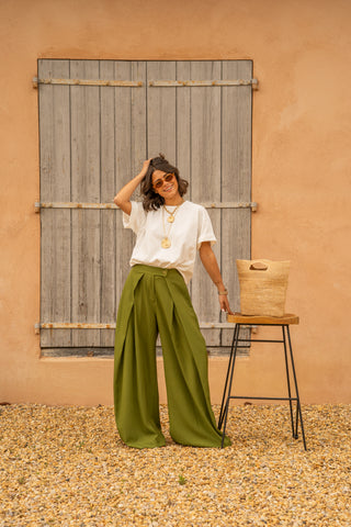 Pantalon fluide large vert olive