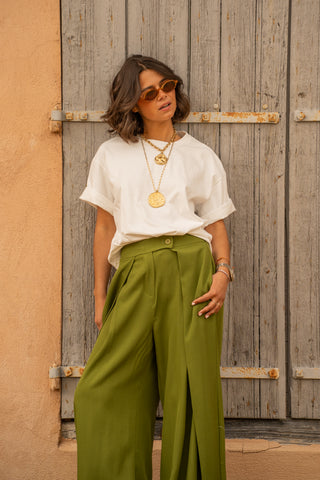 Pantalon fluide large vert olive
