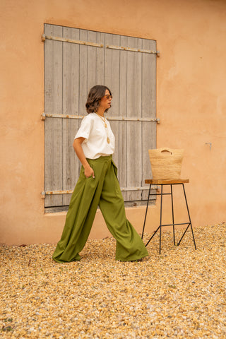 Pantalon fluide large vert olive