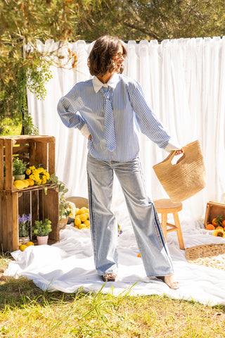 Chemise cravate rayée bleu col blanc