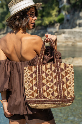 Sac cabas raphia chocolat&beige