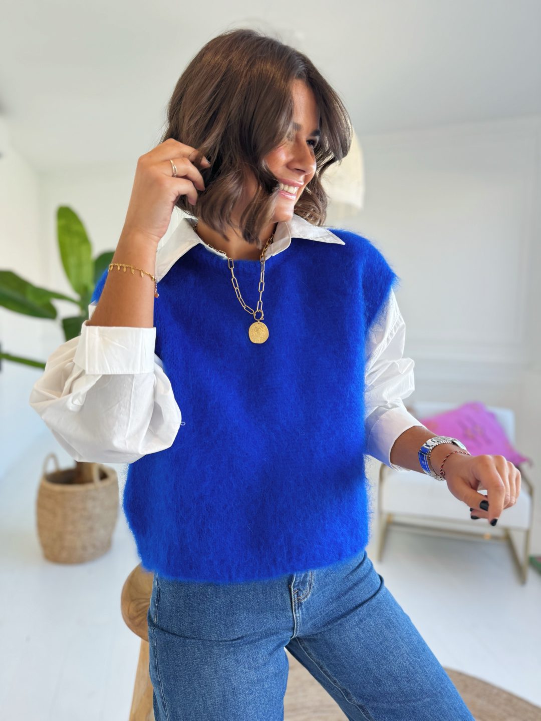 Pull sans manche en MOHAIR bleu électrique