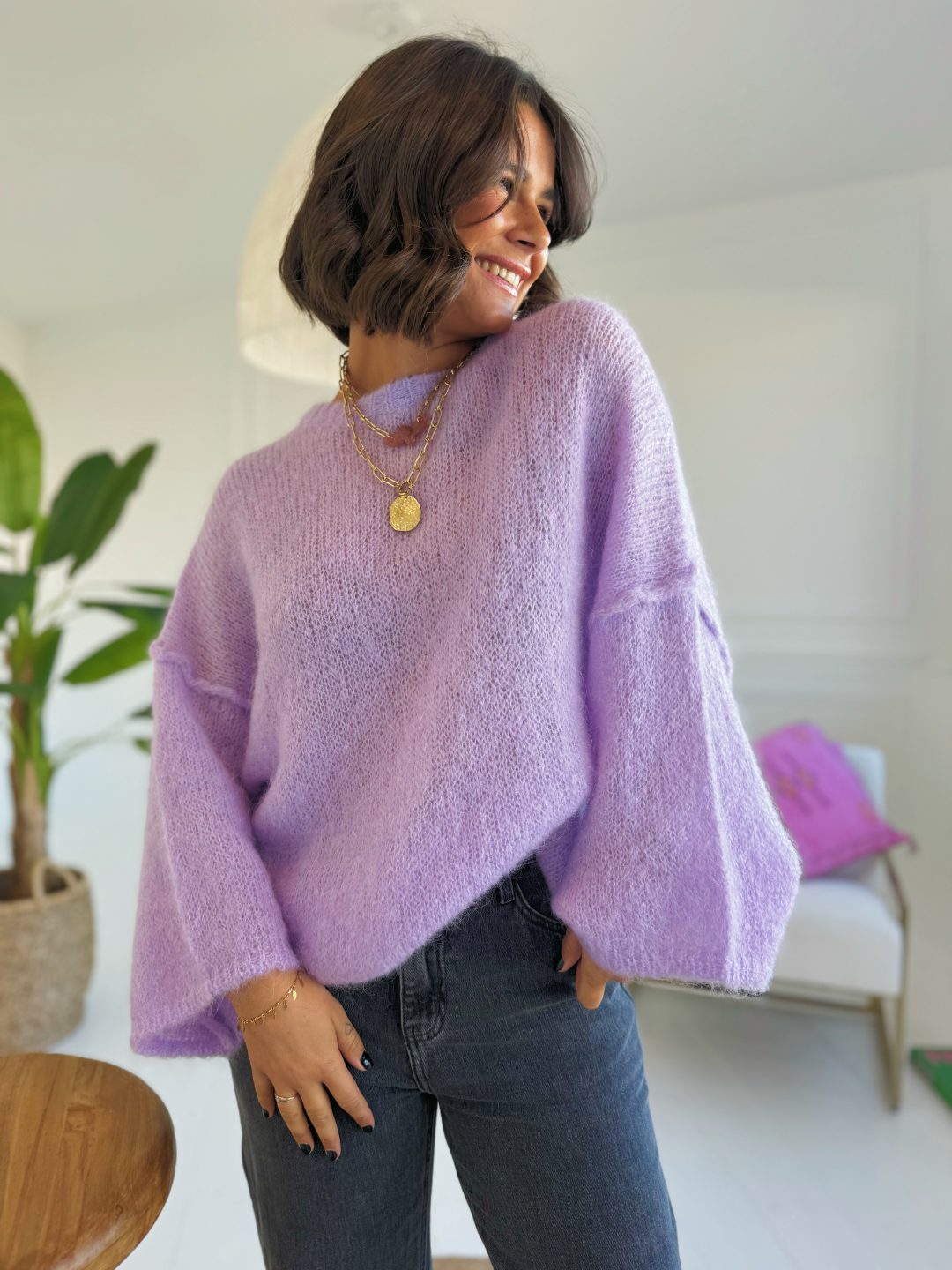 Pull PASTEL en mohair parme