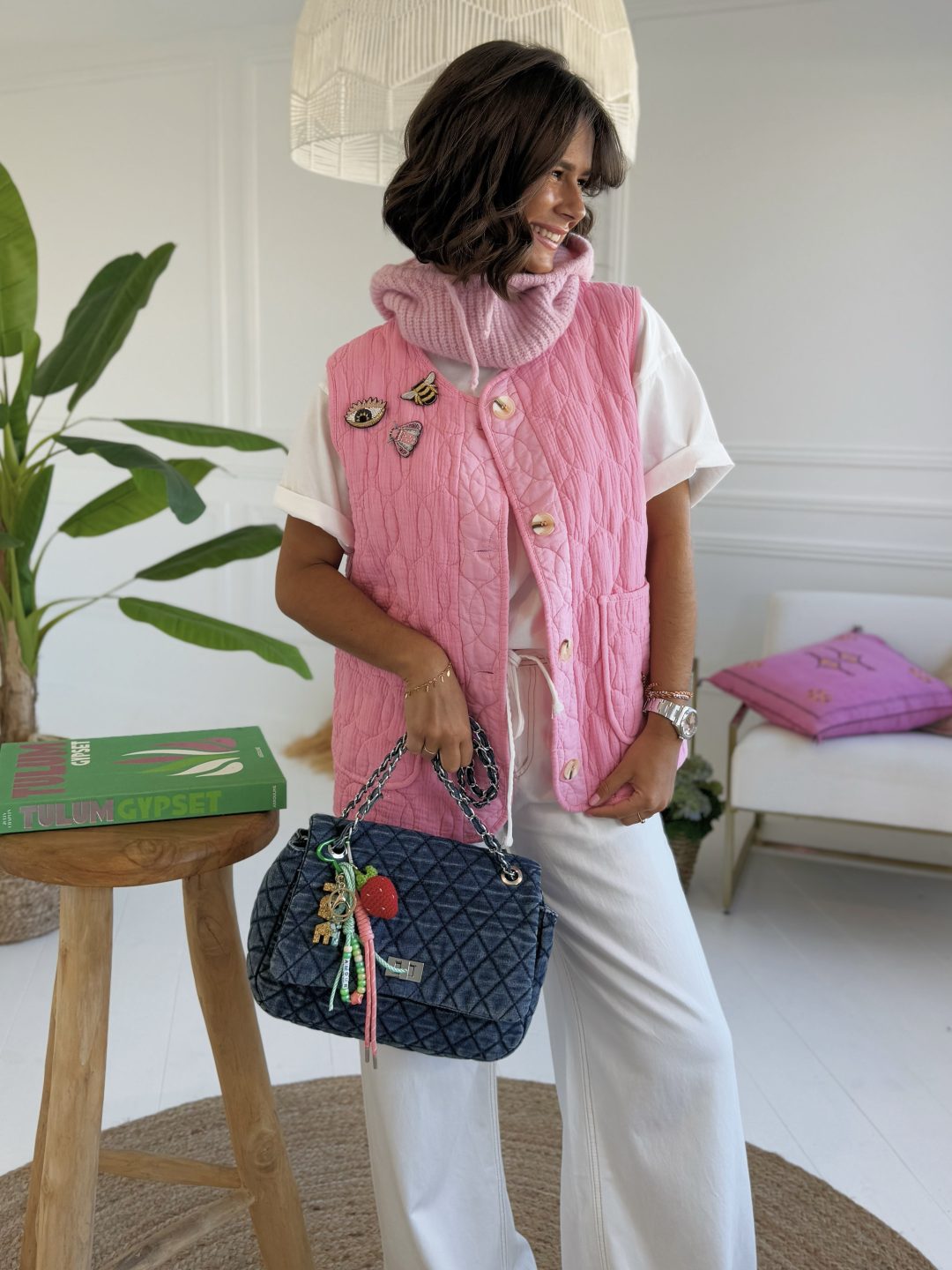 Veste en GAZE DE COTON sans manche rose – Image 2