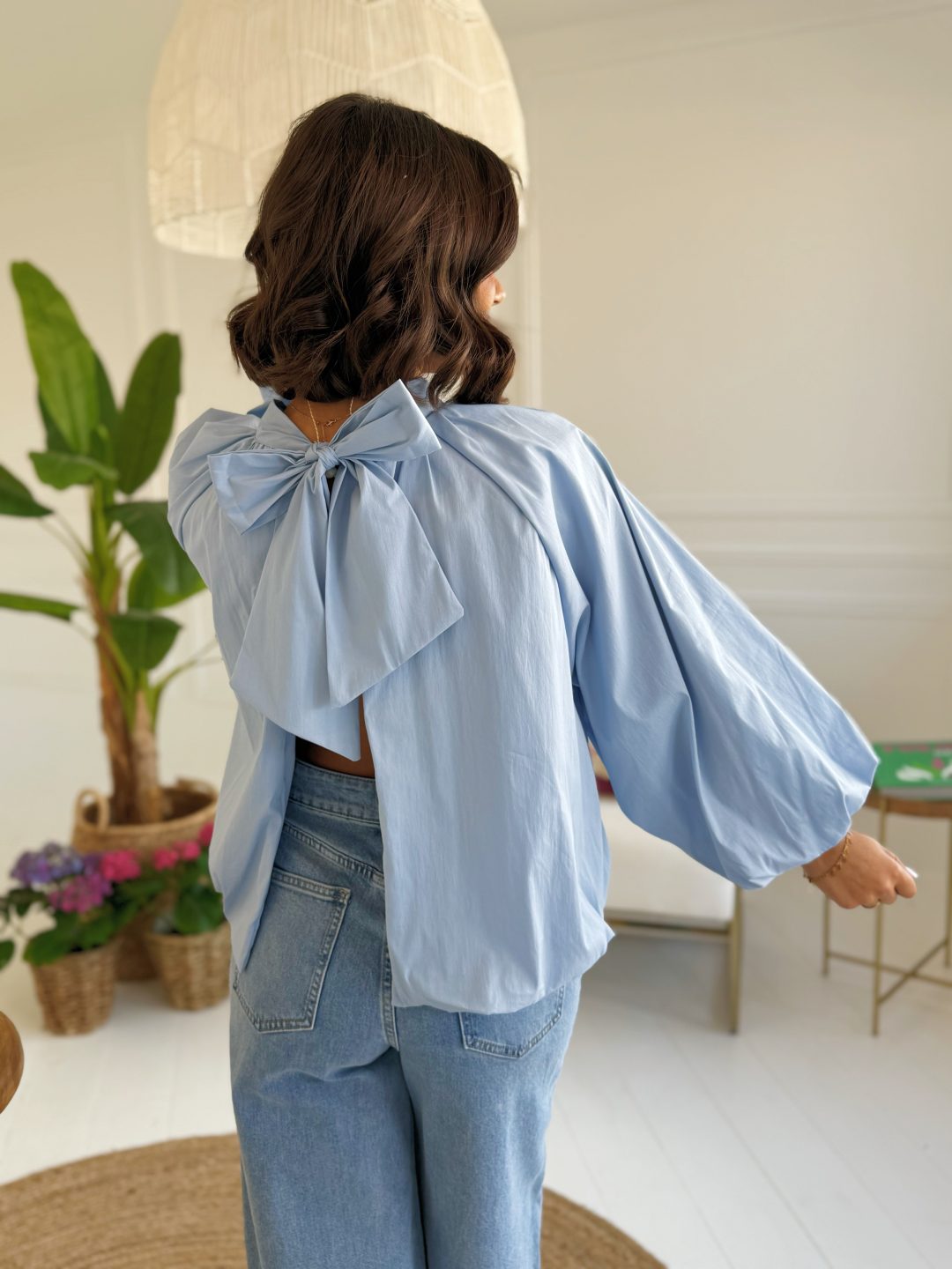 Blouse manches ballon NOEUD bleu ciel