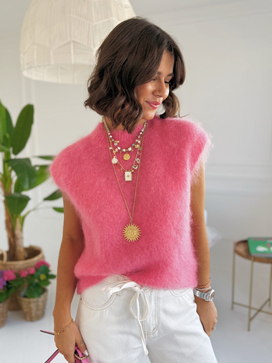 Pull sans manche en MOHAIR rose