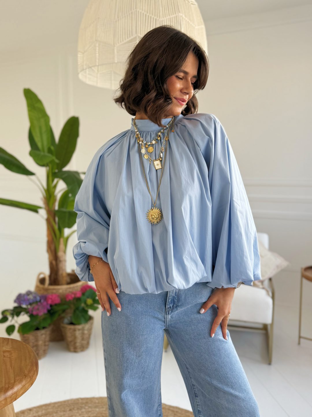 Blouse manches ballon NOEUD bleu ciel – Image 3